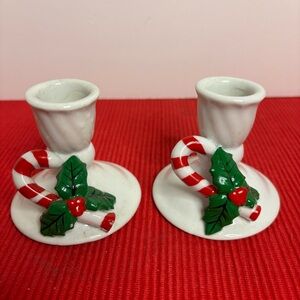Christmas Candle Holders With Holly and Candy Canes. Set of 2